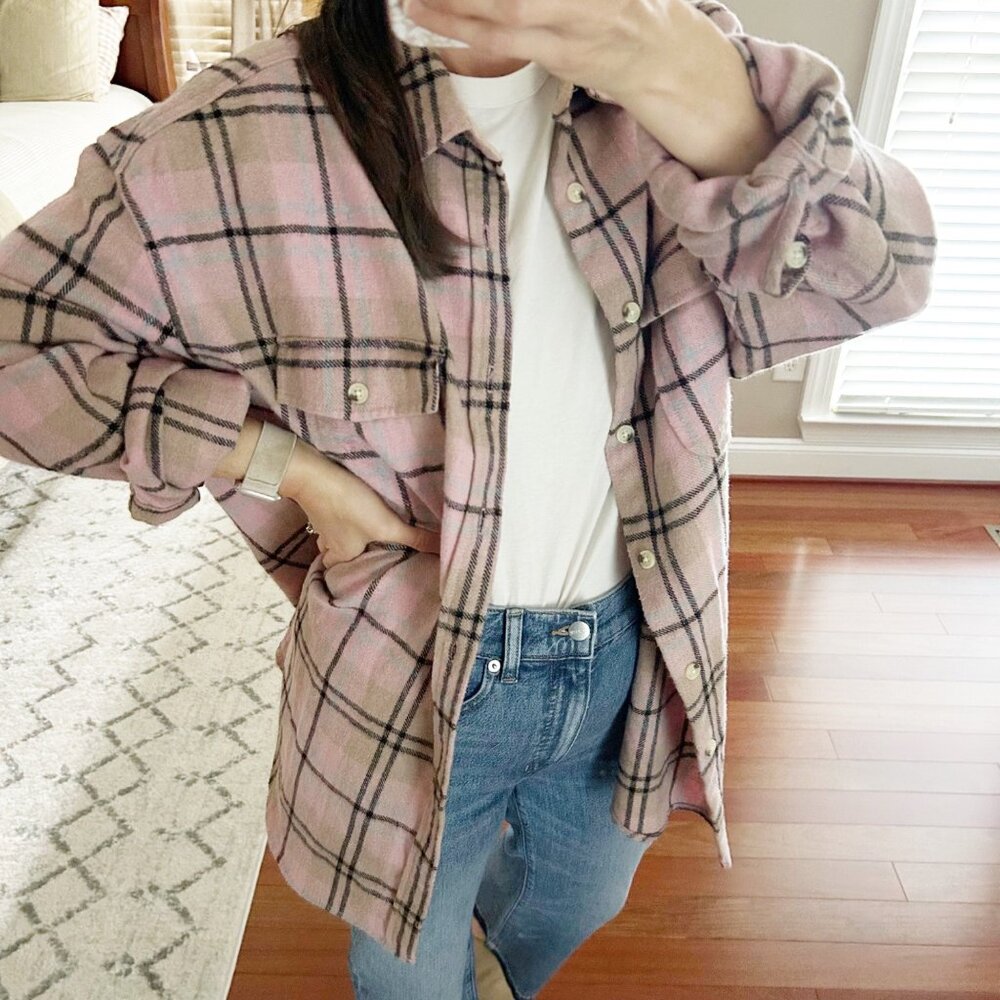ASOS Pink Plaid Shacket Shirt Jacket Layer Preppy Fall Size‎ Large Women's